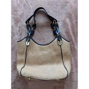 Michael Kors Beige Straw Shoulder Bag with Black Trim and Gold Hardware